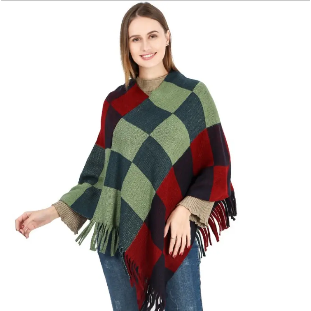 Poncho Carreaux Chaud Pour Femme